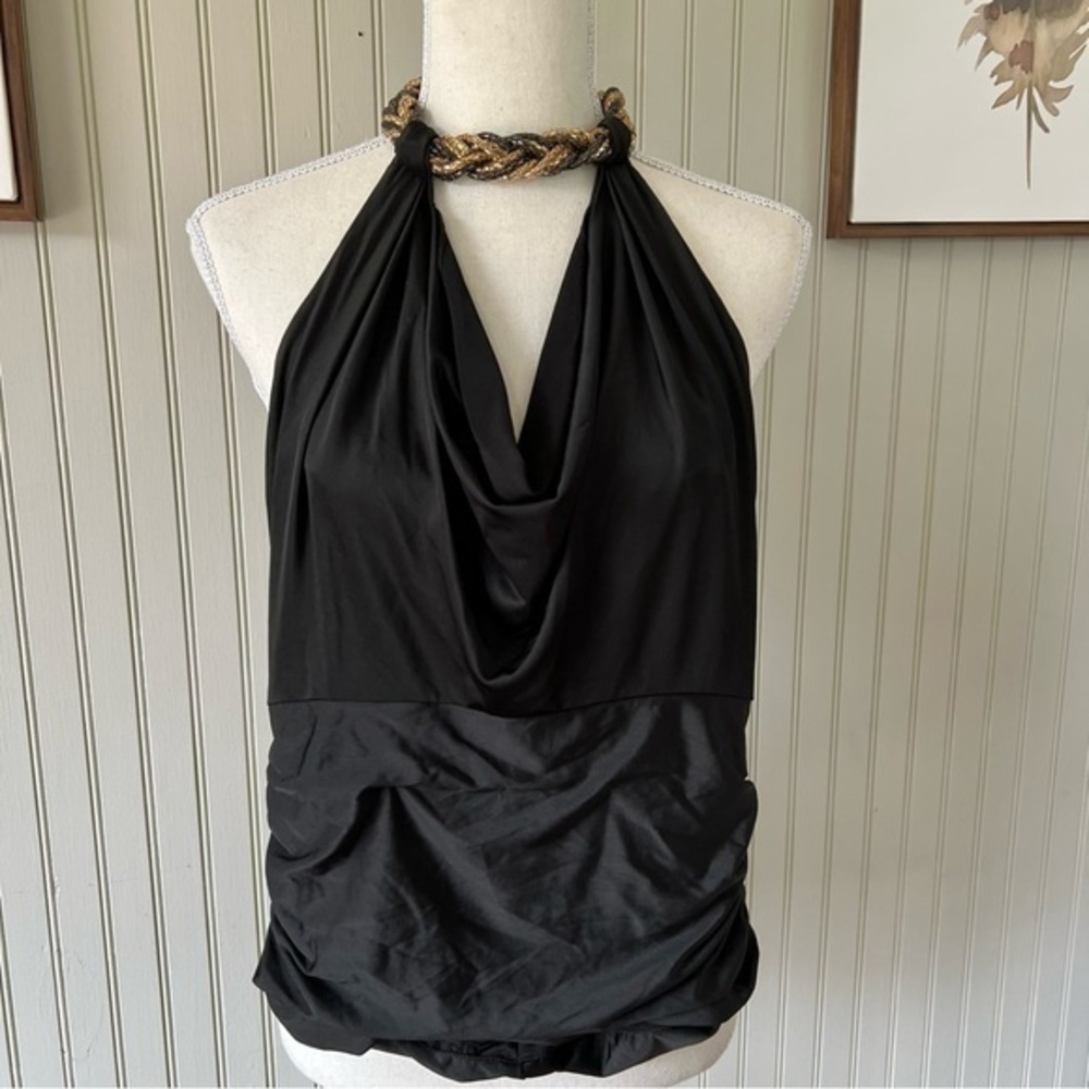 Bebe Halter Black Cowl Neck Twisted Gold Beaded Necklace Collar Sexy Party